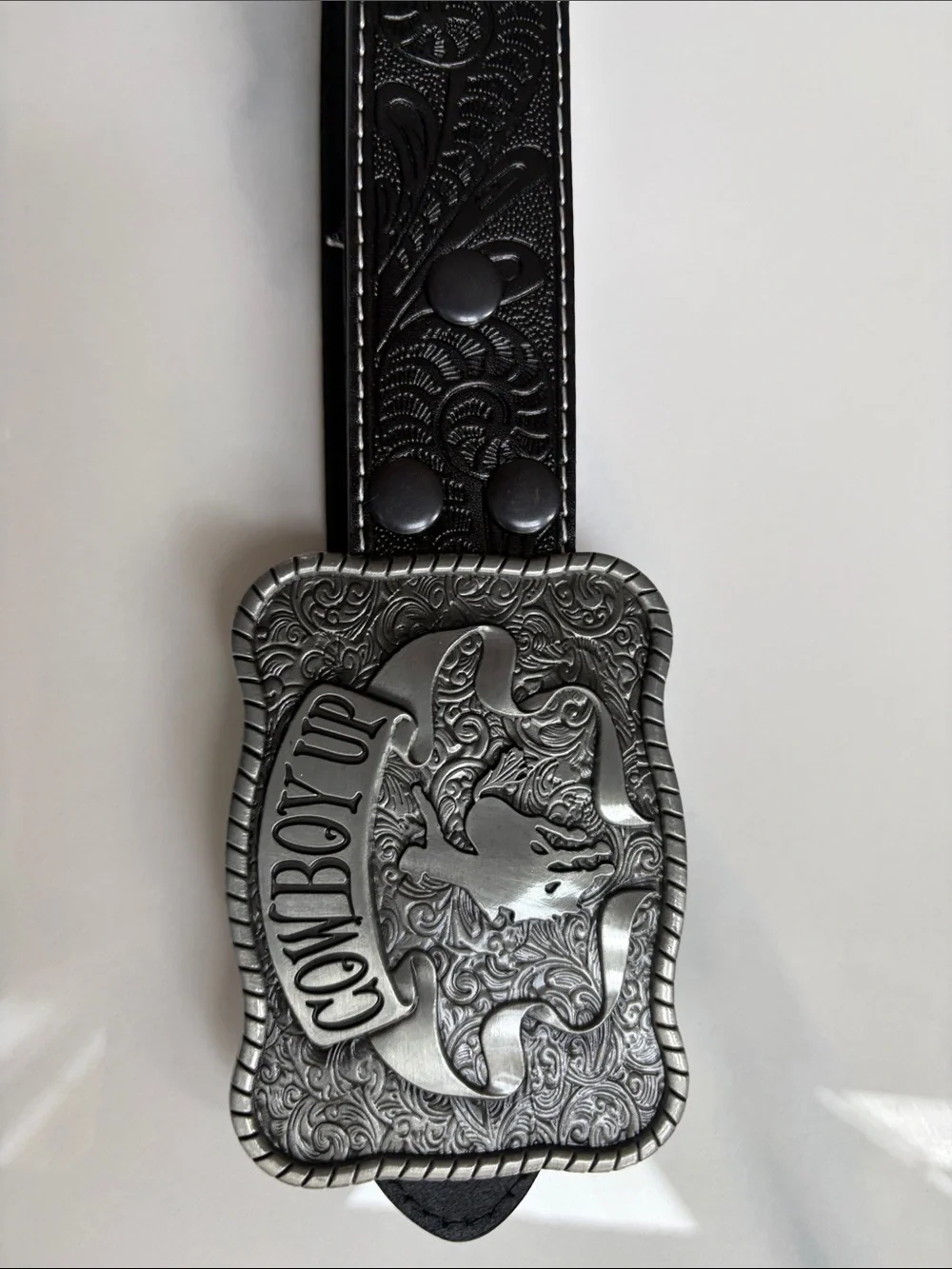 Cowboy Up Western Floral Tooled Black Leather Belt Large XL Silver Trophy Buckle